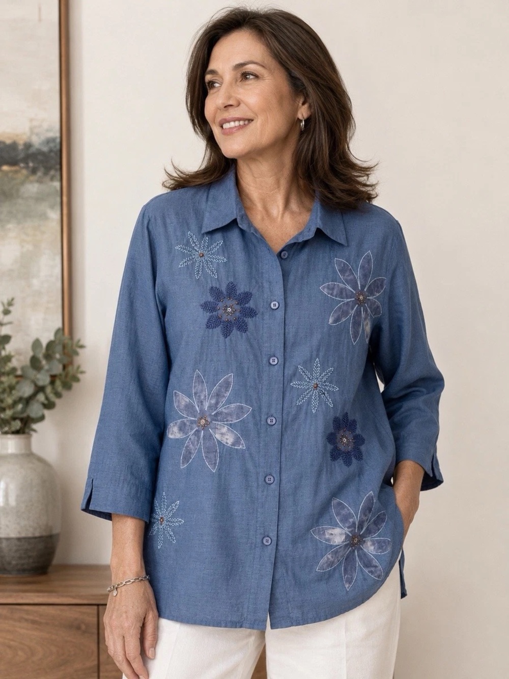 Alfred Dunner Central Park Silk Floral Shirt 22W Sapphire NWT